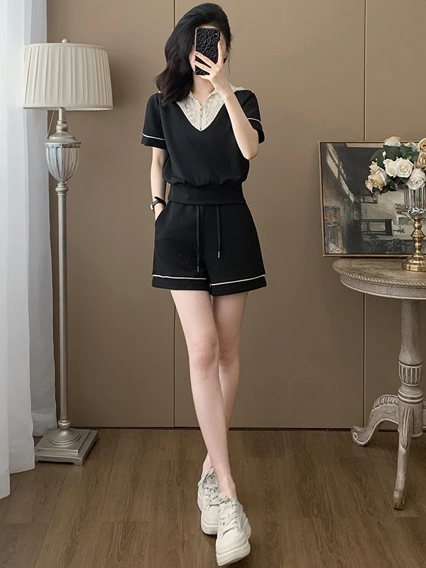 

High-End Casual Sportswear Set for Women Summer Trendy Lace Black Short Sleeve Top Shorts Two-Piece Set Cotton Material
