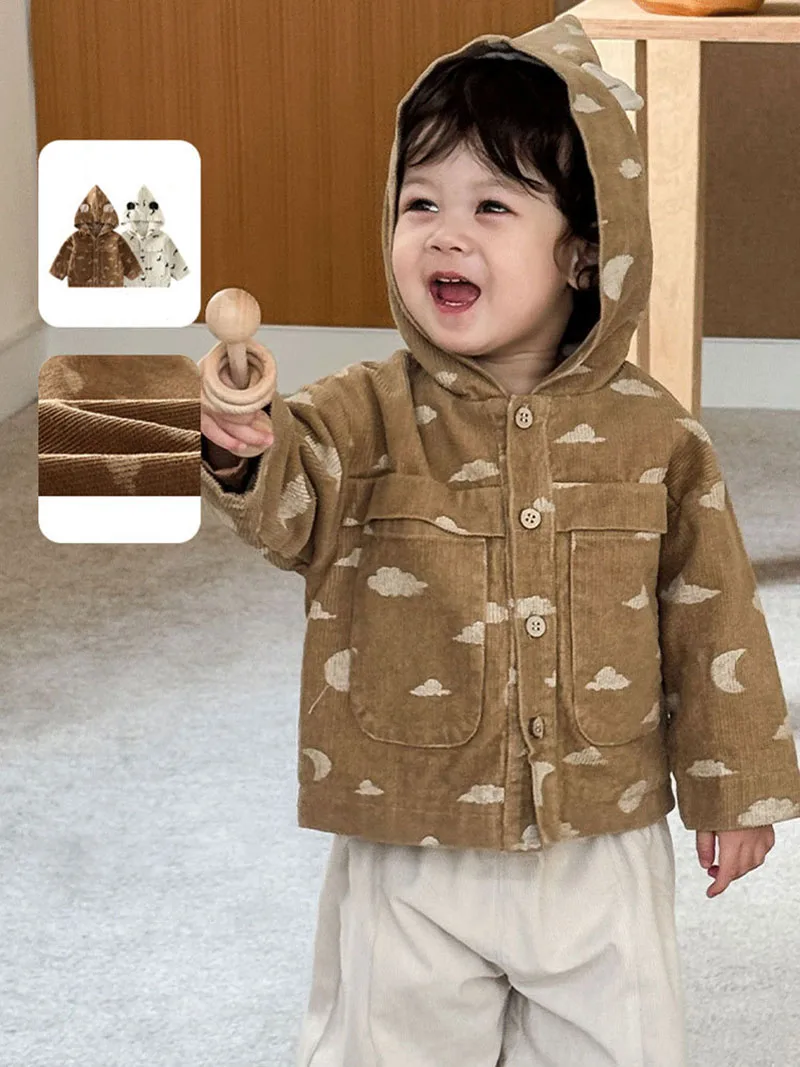 

LILIGIRL 2025 New Autumn Kids Corduroy Jacket Whale Cloud Girls Hooded Coat Korean Loose Full Print Children Tops 9M-5T