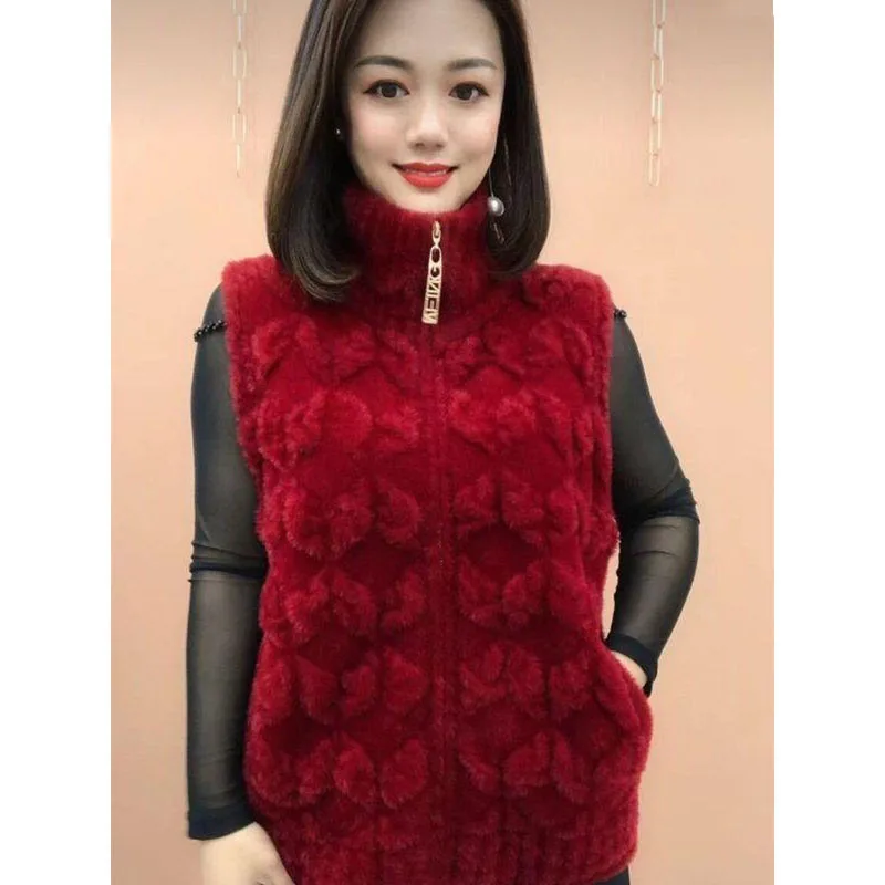 Chaleco sin mangas de terciopelo de imitación de visón para madre de mediana edad, chaqueta, cárdigan de punto grueso para otoño e invierno, suéter con cremallera, abrigo