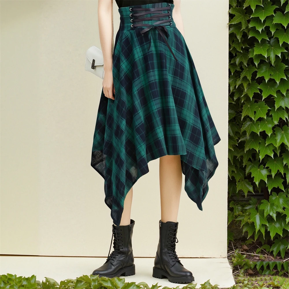 

2025 50s Green Plaid Vintage High Waist Long Skirts Womens Lace-Up Elastic Waist Asymmetrical Hem Gothic Clothes Cosplay Skirt