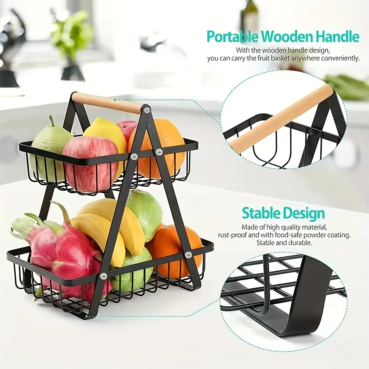 2 Tier Countertop Fruit Basket,Portable Fruit Bowle Basket for Kitchen Organizer Storage & Fruits Vegetable Bread Snacks Basket