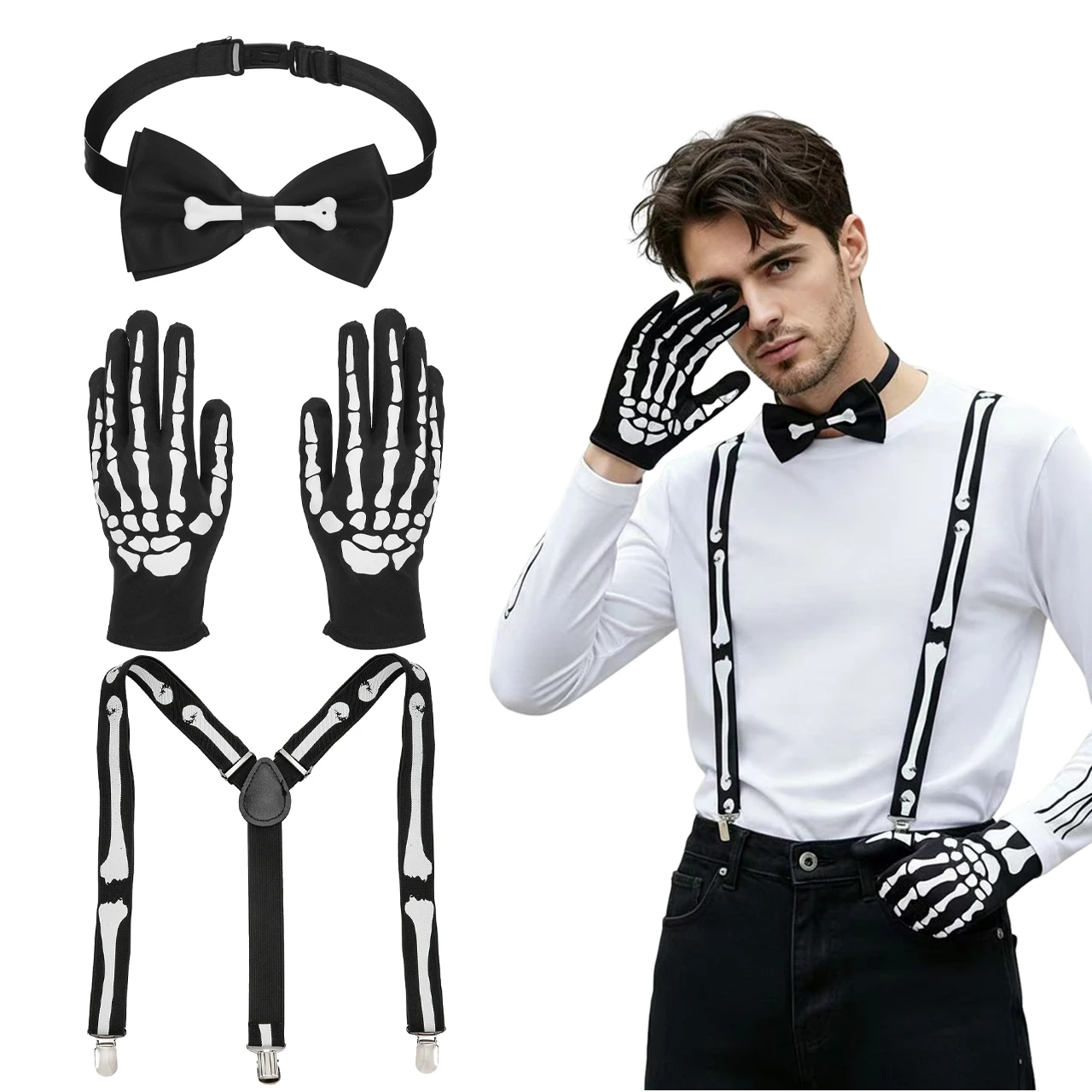 Halloween Skeleton Bone Print Suspenders Bow Tie Skeleton Gloves Set Gothic Cosplay Costume Accessories for Party Fancy Dress