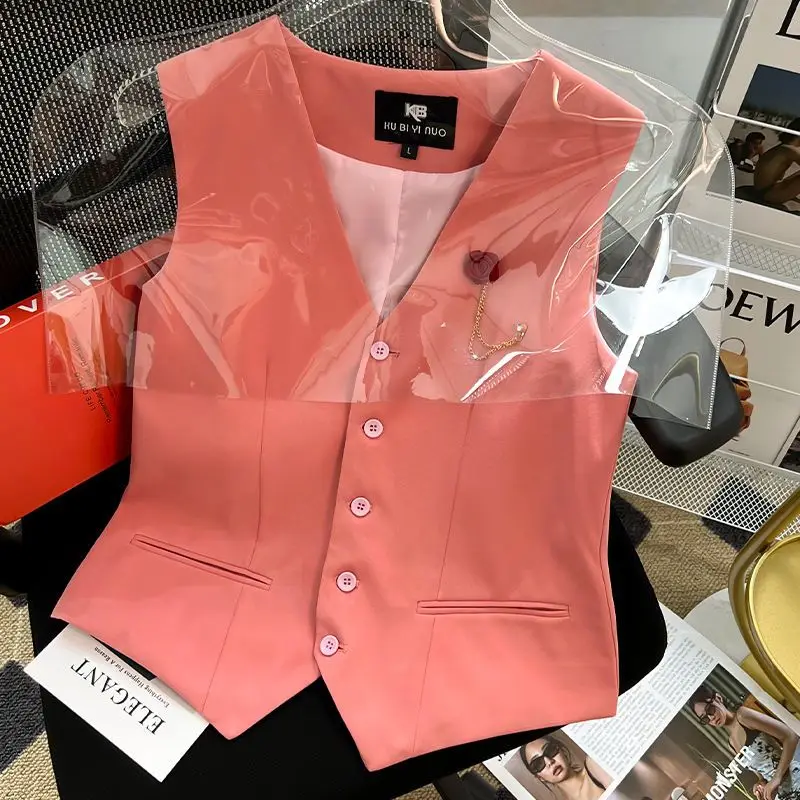 2026 Korean Temperament V-neck Single-breasted Slim Vest Female Summer Sleeveless Thin Outside The Vest Jacket  Ladies Tops