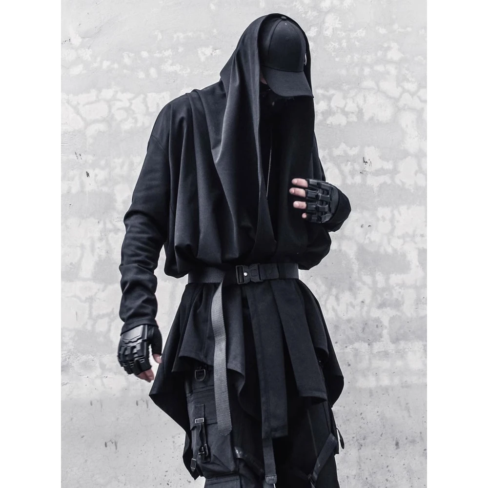 Black Hooded Wizard Trench Coat Windbreaker Men 2023 Autumn Cardigan Cloak Jacket Punk Streetwear Techwear