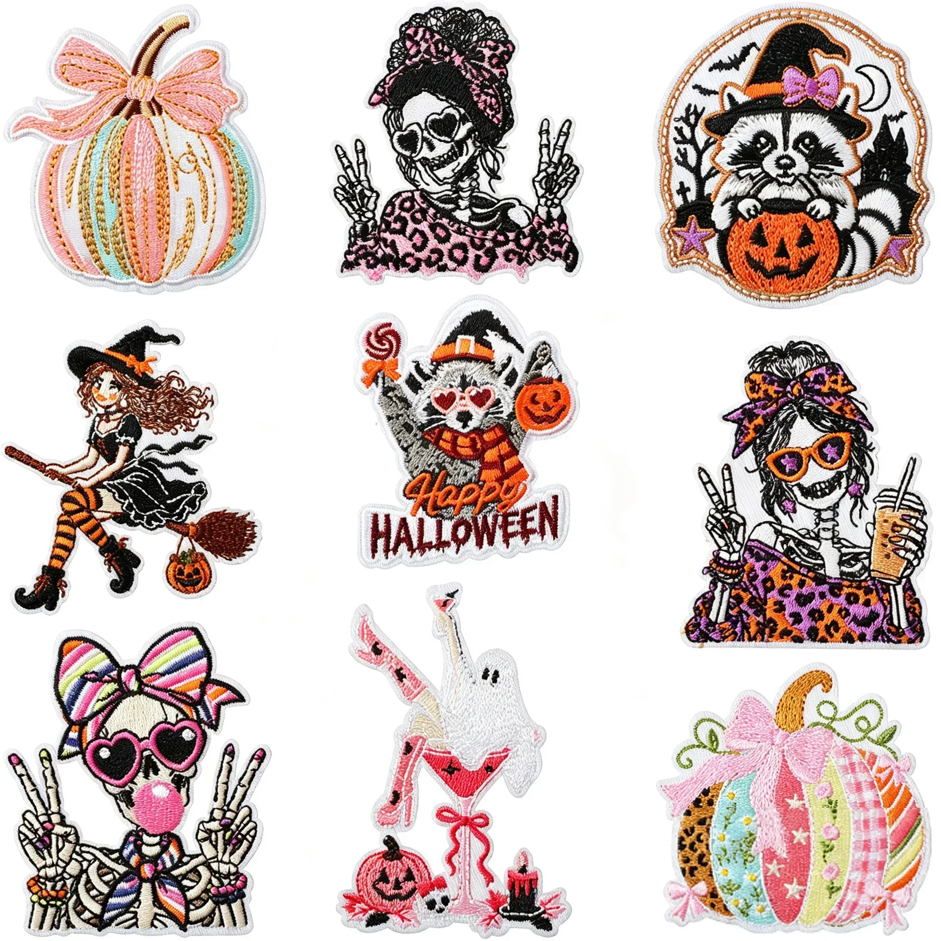 1Pcs Cute Halloween Raccoon Embroidered Patch, Iron on Pumpkin Witch Ghost Applique for DIY Denim Jacket Bag Canvas Decor
