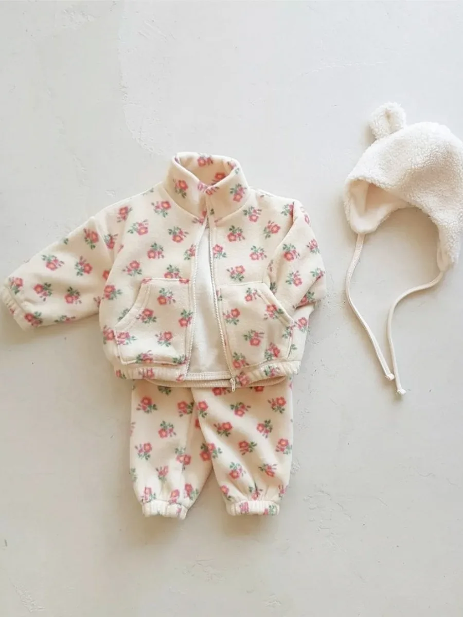 2026 Spring New Baby Plus Velvet Thick Sweatshirt Set Boys Girls Fleece Zipper Coat + Pants 2pcs Suit Children Casual Sports Set