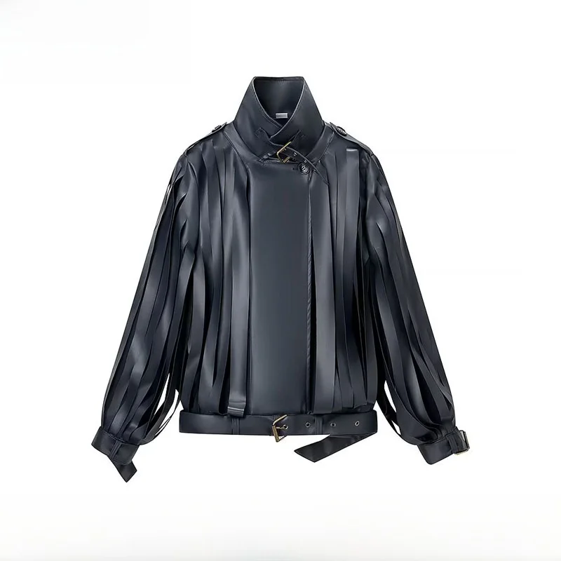 Jesień Zima Nowości Damska Moda Luźna Kurtka z Frędzlami ze Skóry PU Odzież Wierzchnia Uniwersalna ZR Ciepła Długa Kurtka na Zamek