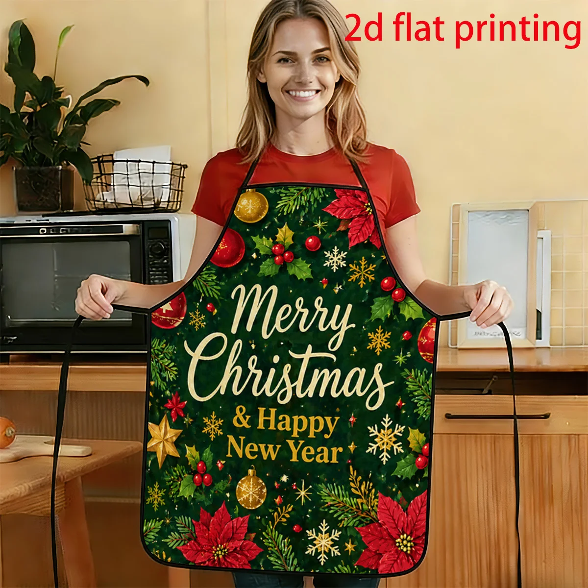 1pc 2D Flat Retro Holiday Illustration Style Christmas Floral Pine Branch Apron With Snowflake Pattern Durable And Easy To Clean