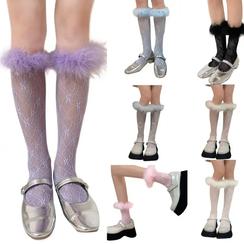 

Womens Solid Color Lace Over the Calf Socks Mesh Sheer Knee High Stockings Summer Furry Trims Lace Socks