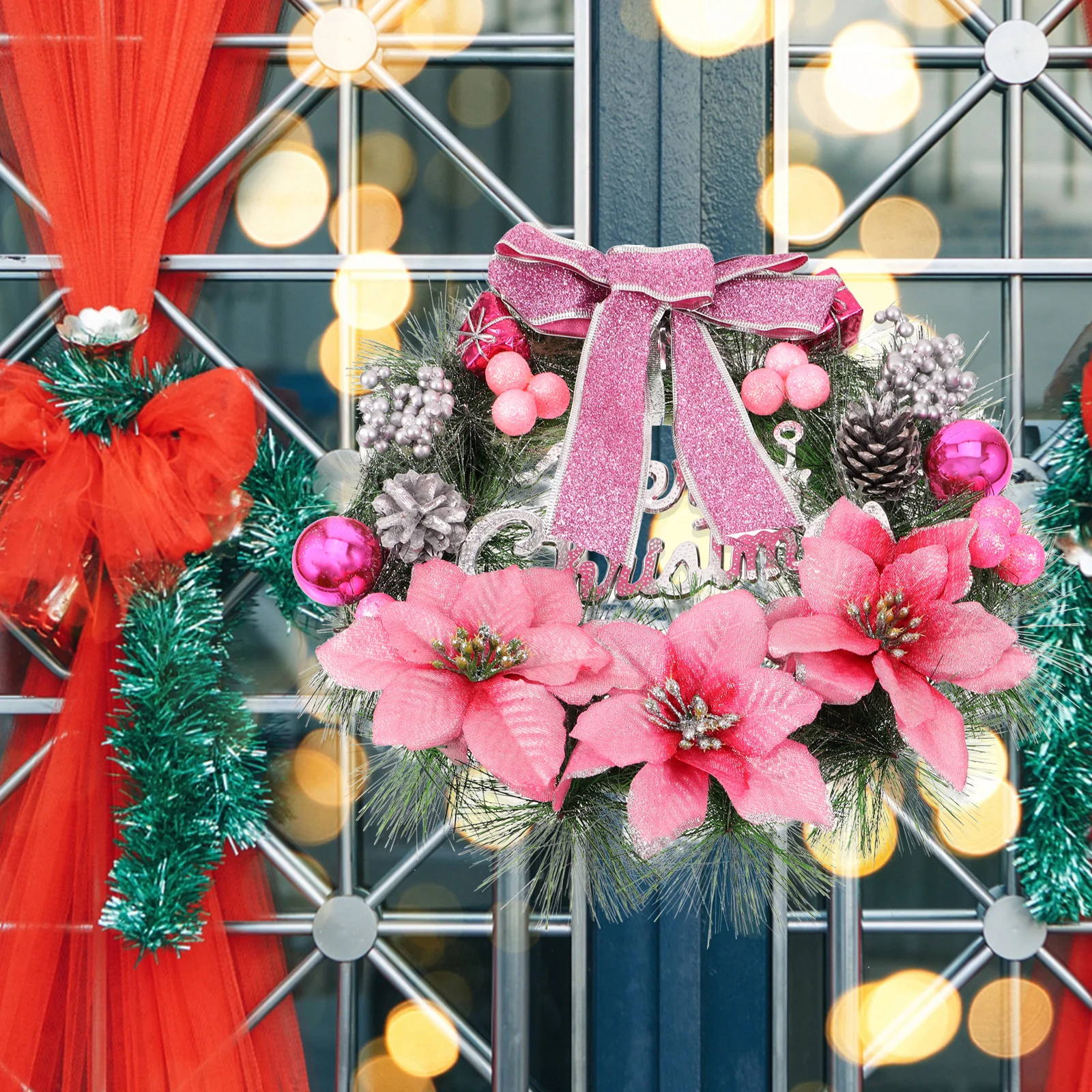 

Christmas Pine Wreath Pink Artificial Hanging Ornament for Home Door Window Wall Party Garland Christmas Garland
