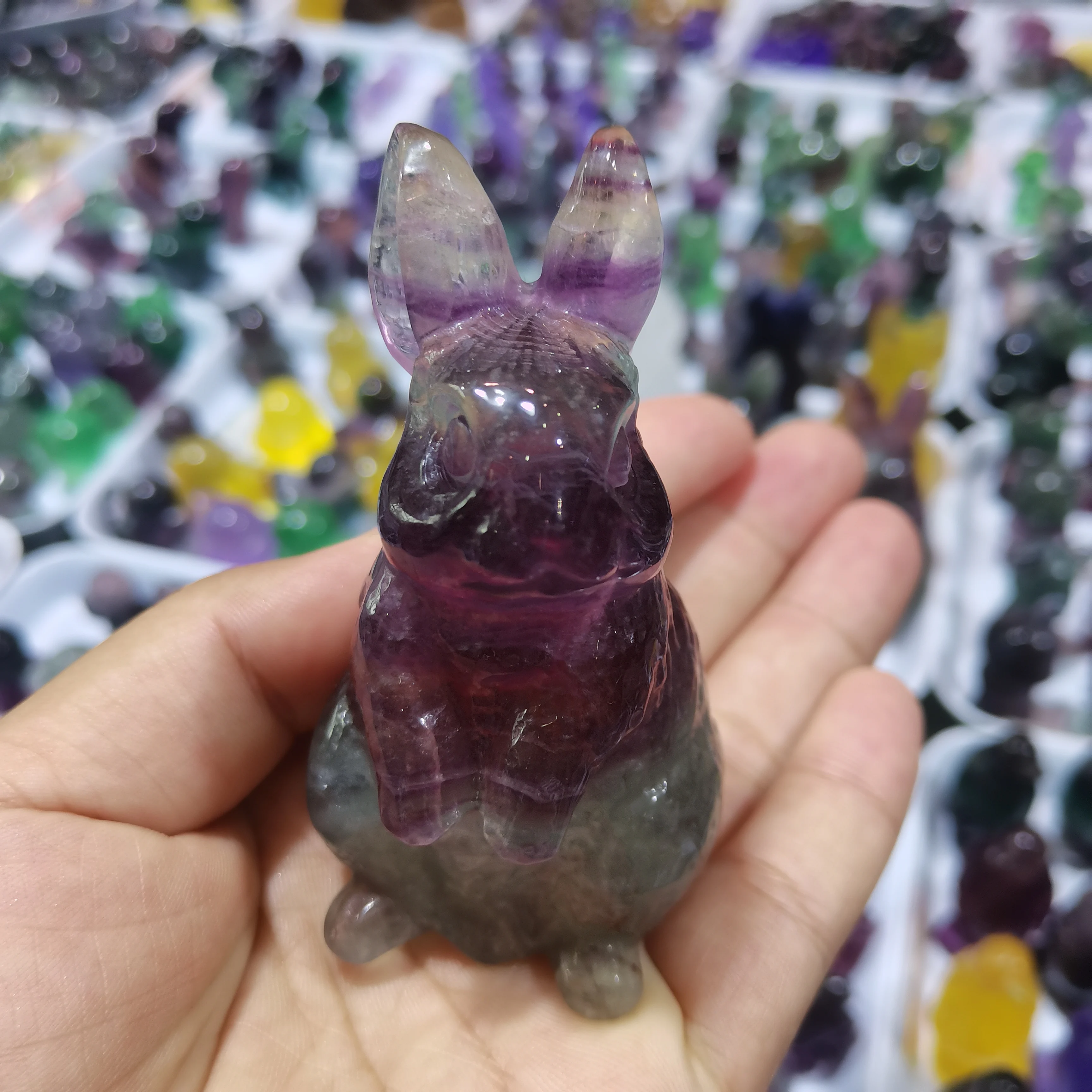 8CM Natural Fluorite Quartz Hand Carved Cute Rabbite Crystal Animal Carving Healing Reiki Gift Home Decoration