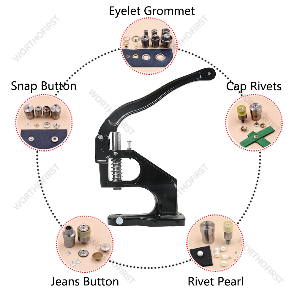 Punzonatrice a mano Pressa in metallo Muore per rivetti a doppio cappuccio Occhiello Occhiello Bottoni automatici Strumenti Stampo Accessori per cucire artigianali in pelle