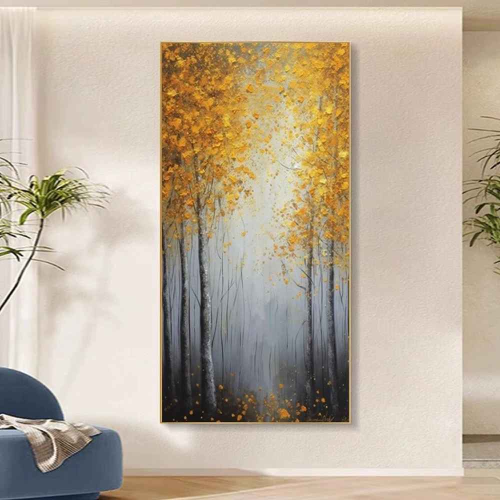 Canvas Art Decor Morning Mist Yellow Trees Landscape Lake Painting Hand Painted Natural Picture for Home Wall Decor Wall Art