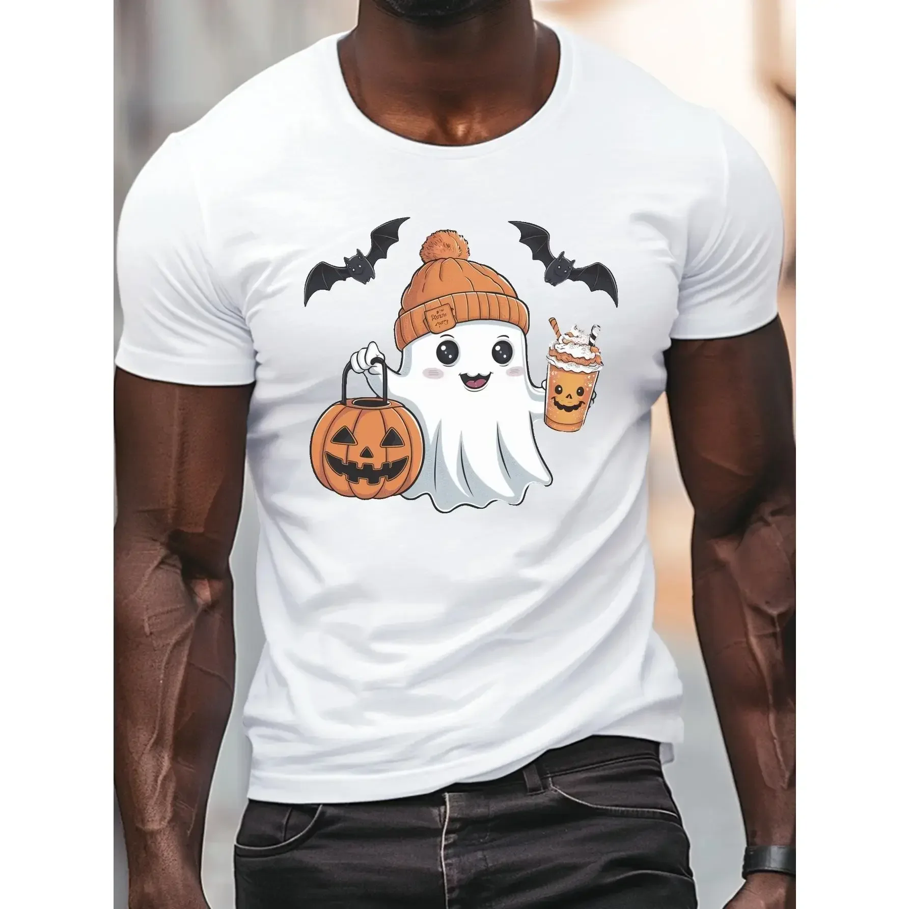 Cute Ghost Pumpkin Halloween Graphic T-Shirt, Coffee Cup Spooky Tee for Men