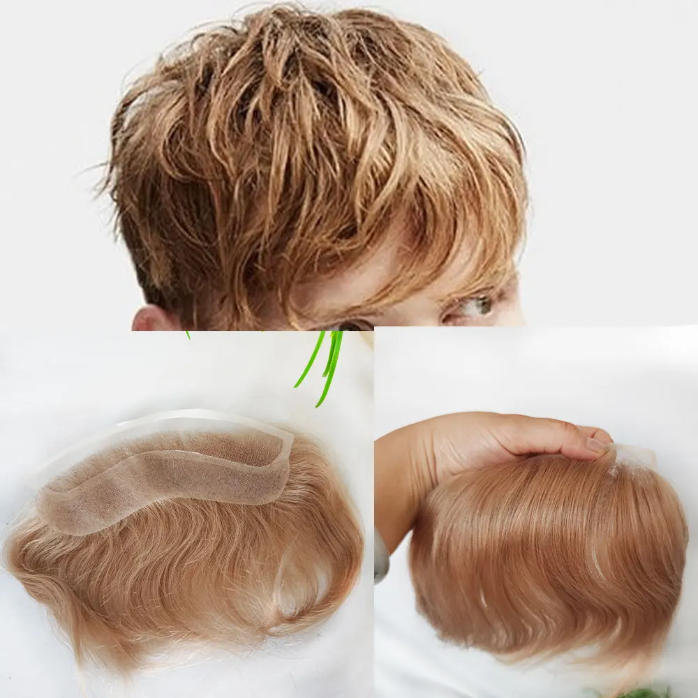 Blond Human Hair Pieces Toupee V Style Lace Frontal Hairline For Men 0.06mm Ultra Thin Skin PU Men's Capillary Prosthesis 4x18
