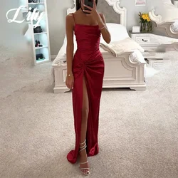 Lily Elegant Red Wedding Party Dress Stain Square Collar Celebrity Dress Trumpet Pleats Special Occasion Dress with Split 프롬드레스