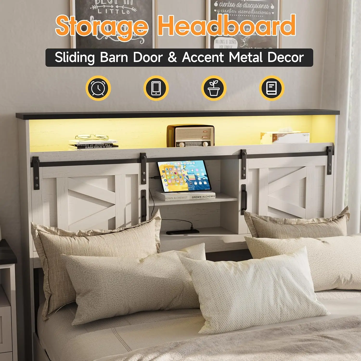 Farmhouse Queen Size Bed Frame with 4 Drawers and Bookcase Headboard, Sliding Barn Door Storage Shelves, LED Lights