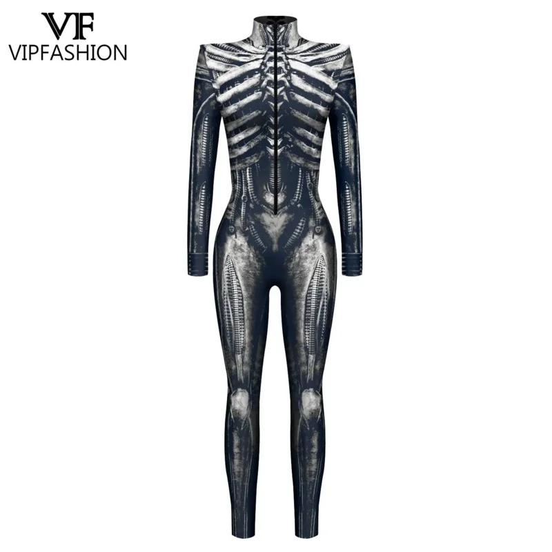 VIP Moda Halloween Robot Punk Esqueleto Impresso Cosplay Trajes para Mulheres Sexy Zentai Bodysuit Macacões de Carnaval, Vestido extravagante