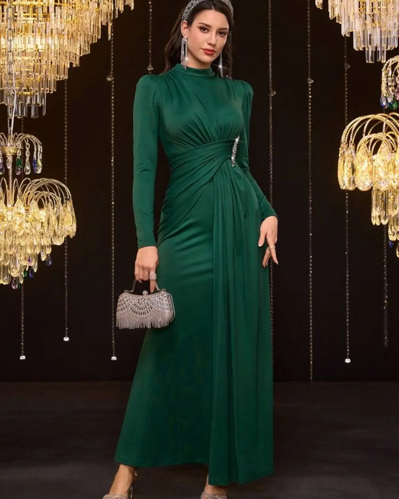 Customized Classic Mermaid High Collar Crystal Panel Train Evening Dresses Graceful Long Sleeves Vestido De Festa Robe de soirée