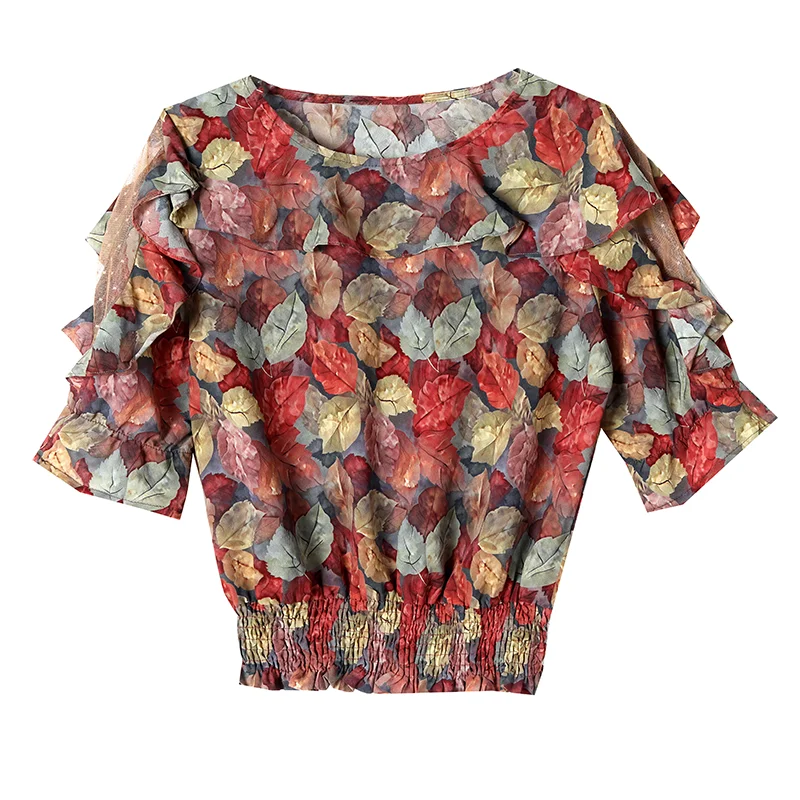 Spring Summer Floral Printed Tops Round Neck Ruffles Casual Tops Women Patchwork Mesh Chiffon Blouse