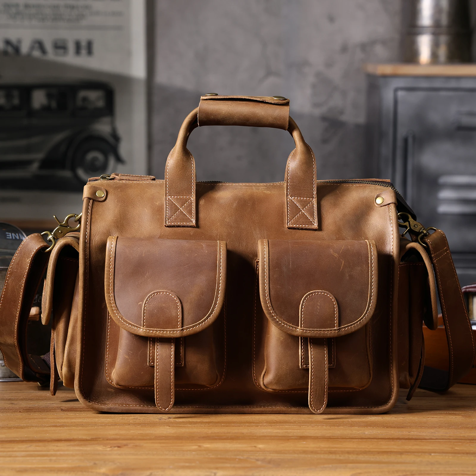S.WORKER Vintage Echtleder Herren-Aktentasche 14" Laptop-Tasche Crazy Horse Leder Messenger-Handtasche Rindsleder Geschenkidee für Männer – Detail 26