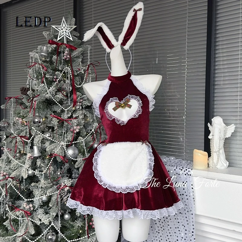 

2025 Winter New Year's Christmas Wear Women's Clothing Sweet Red Velvet Pajama Sexy Hot Girl Dating Pajama Dresses Suits Ladies