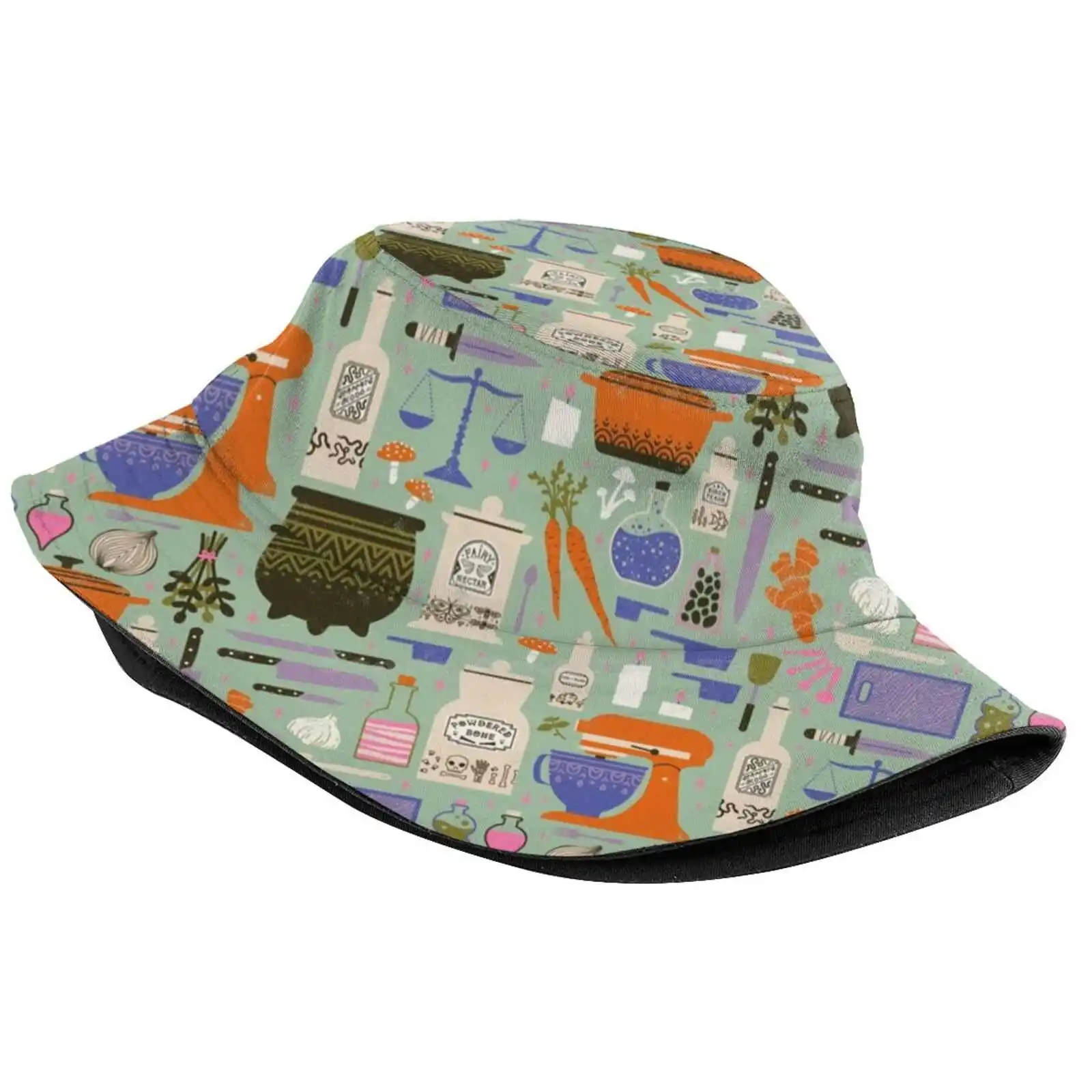 Kitchen Witch Sun Cap Fisherman Hat Bucket Hats Pattern Witchy Occult Magical Cottagecore Mushroom Cooking Potion Cauldron