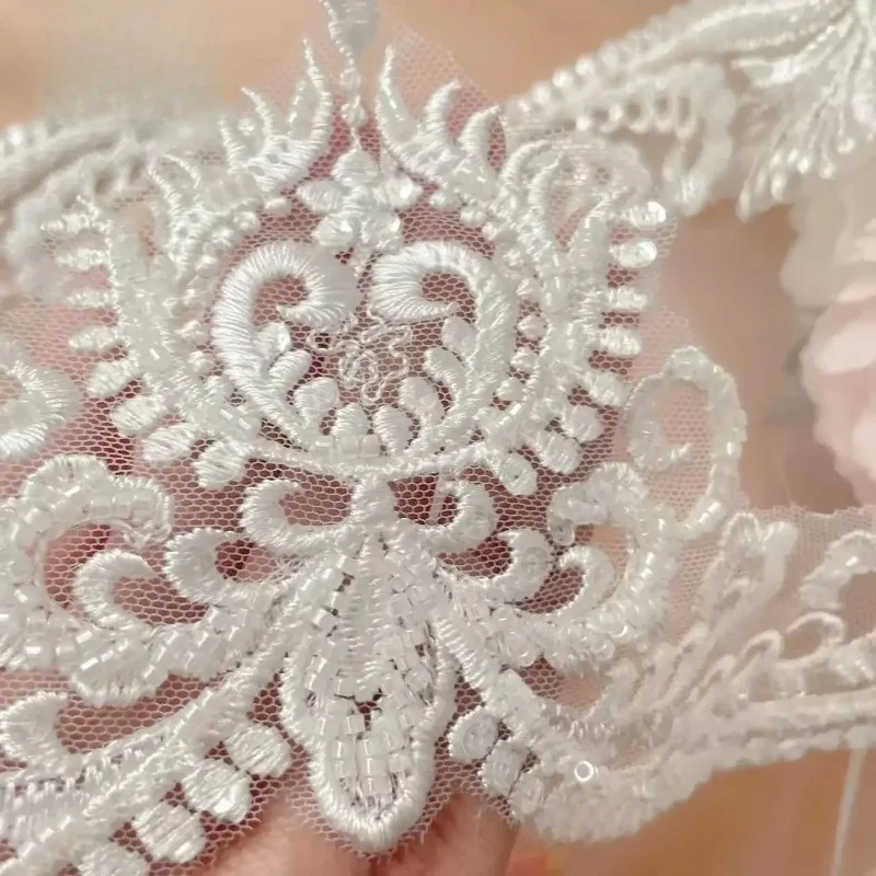 Width 12.5cm  2Yards Per Lot Beaded Border Lace with Rayon Material, DIY Wedding Veil Lace Fabric, Ivory White Accessories