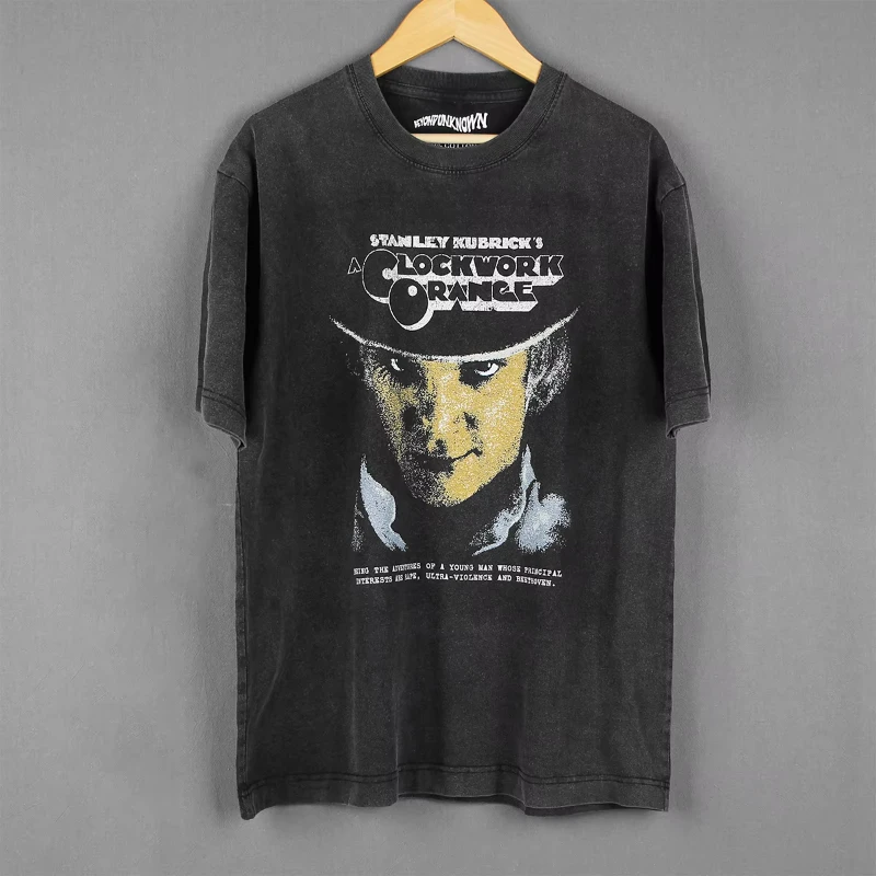 Camiseta vintage de algodón de manga larga con estampado lavado, camiseta naranja primavera, diseño del tren de Stanley Kubrick, película Thelma y Louise