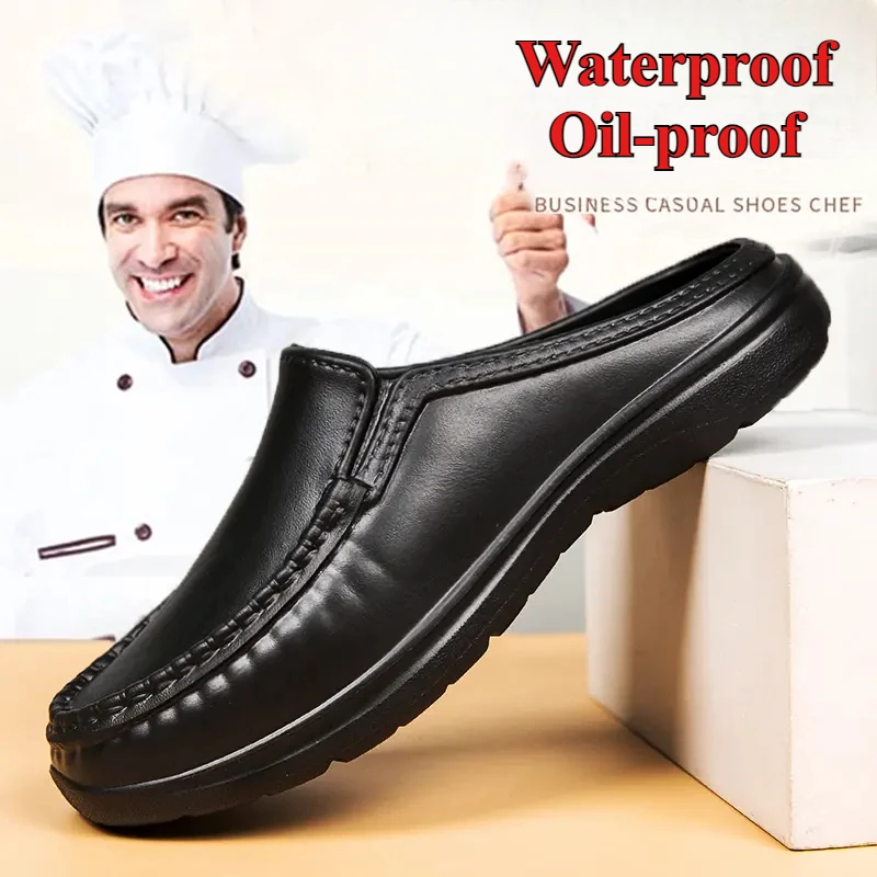 Men Chef Shoes Business Slippers Waterpoof Cover Toe Daily Plus Size 39-46 Slippers Loafers Oil-proof Kitchen Work Cook Shoes