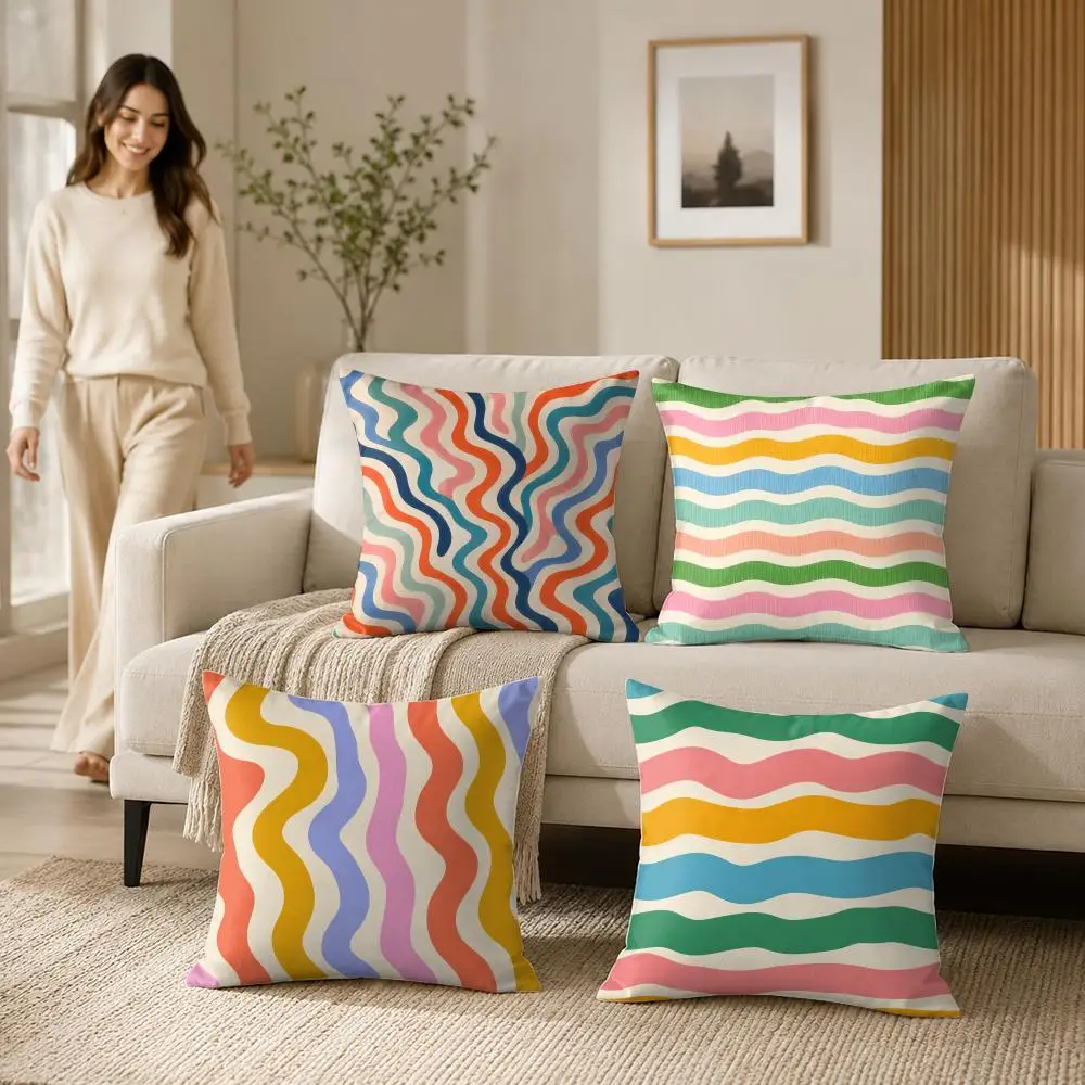 Colorful Wave Stripes Cushion Cover Soft Short Plush Pillow Case Double Sided Print Washable Sofa Home Decor Gift
