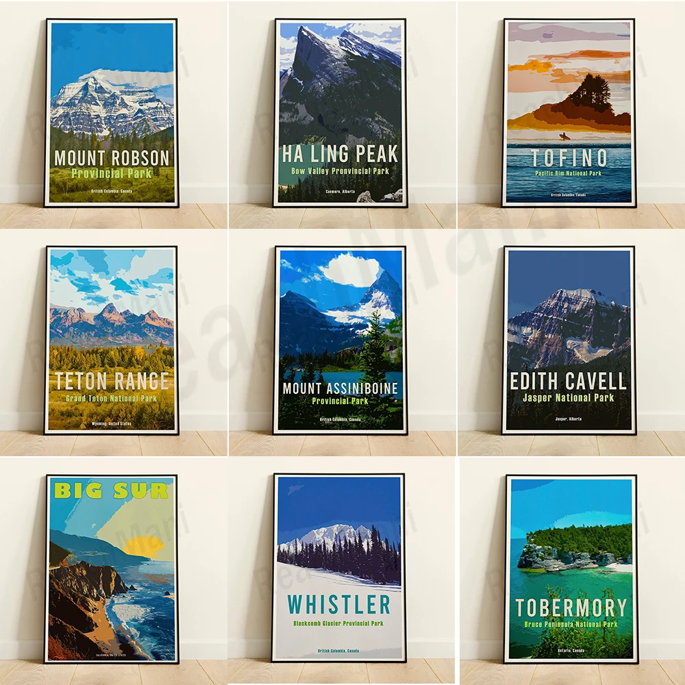 Póster Artístico canadiense de los Rockies, la península de Bruce, el Parque Nacional Mount Robson, la Gran Carretera Sur, la montura Assiniboine, Columbia Británica