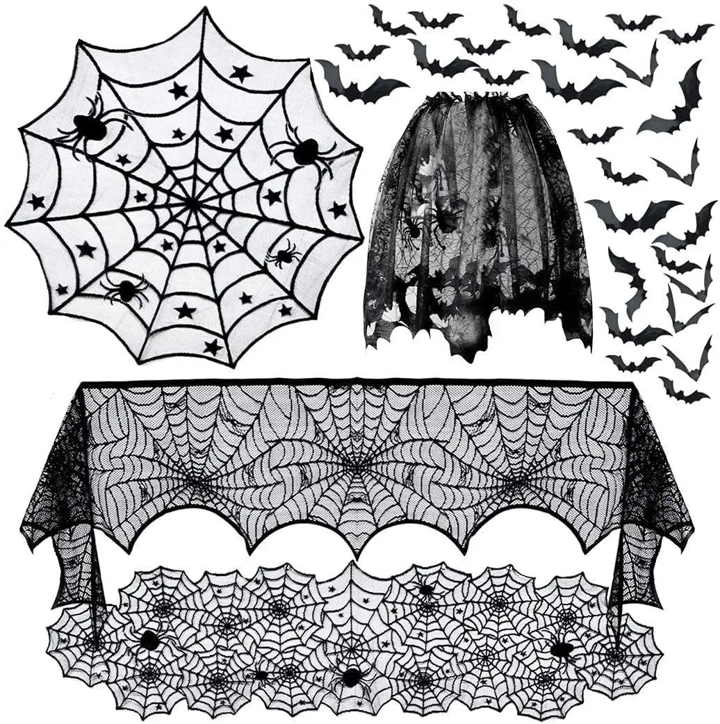 Halloween Spider Web Tablecloth Bat Table Flag Mantel Towel Lampshade Decor for Home Party Setup Indoor Decoration Set