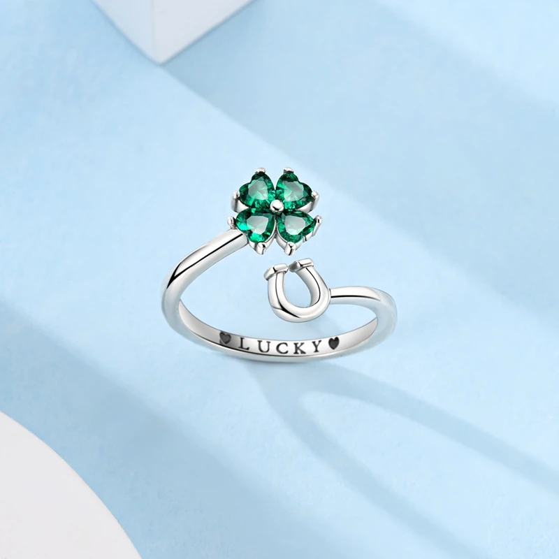 Original 925 Sterling Silver Green Zircon Adjustable Size Lucky Four Clover Hummingbird Open Ring For Women Jewelry Party Gift