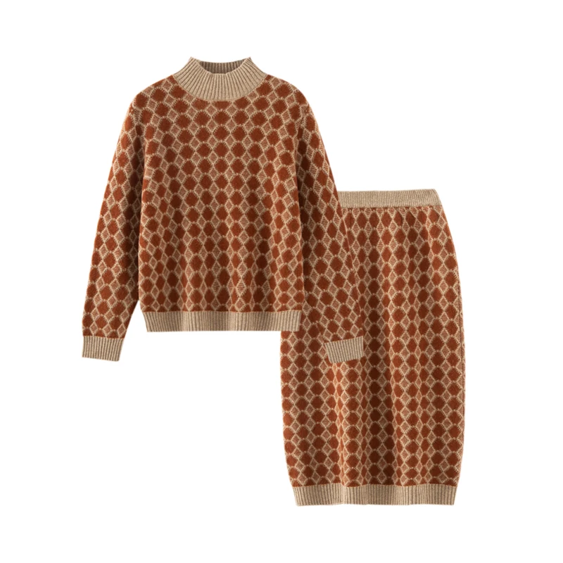 100% Pure Wool Two-Piece Set Autumn Winter Style Half-High Collar Top Diamond-Shaped Color-Blocked Sweater And Skirt Ensemble