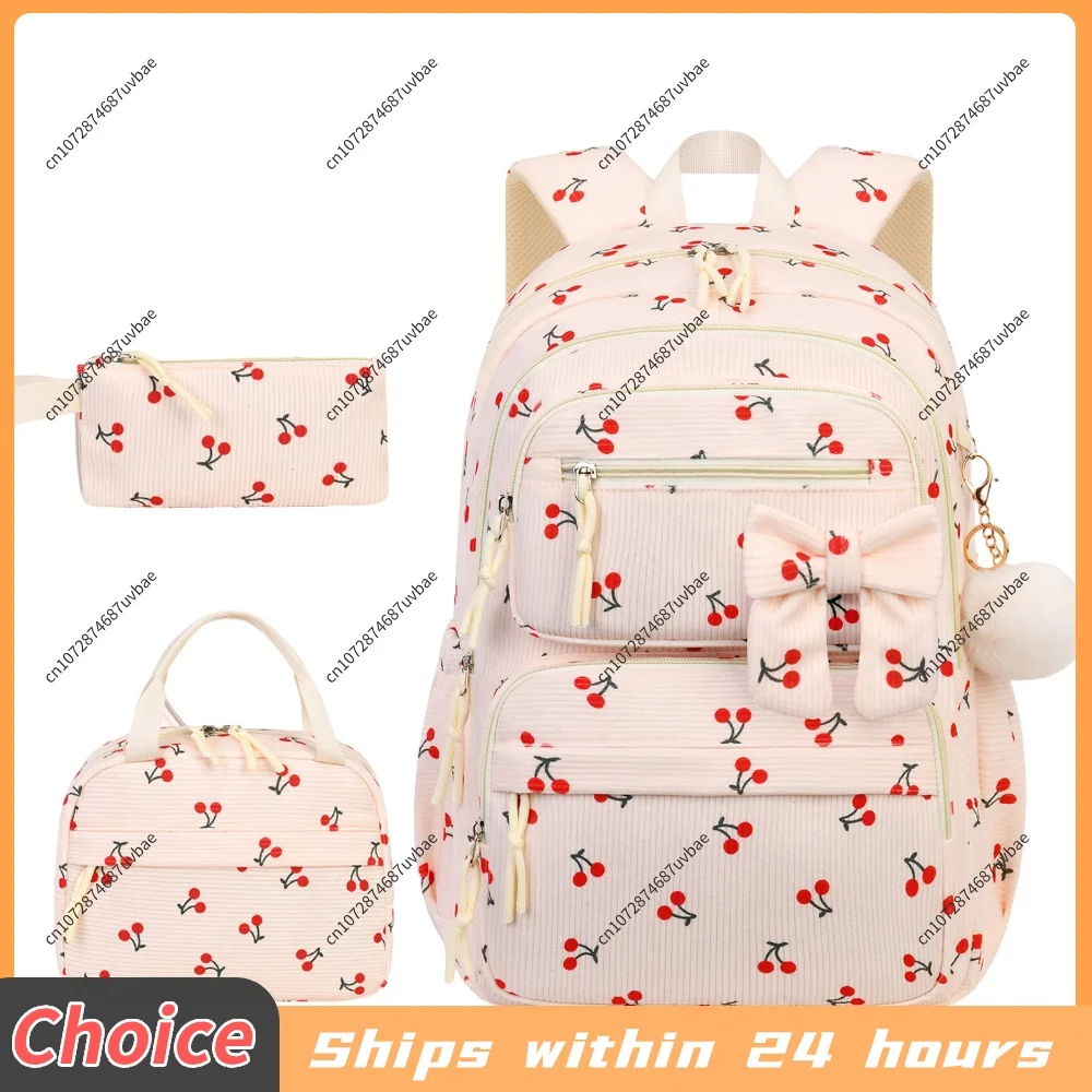 Girls Sweet Corduroy Backpack with Compartments Trendy Bowknot School Bag Multi Pockets Daypack Travel Carrying Package