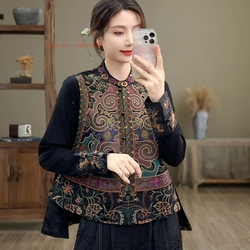 2025 chinese vintage stand collar folk vest traditional double-sided wear vest oriental flower embroidery vest sleeveless jacket