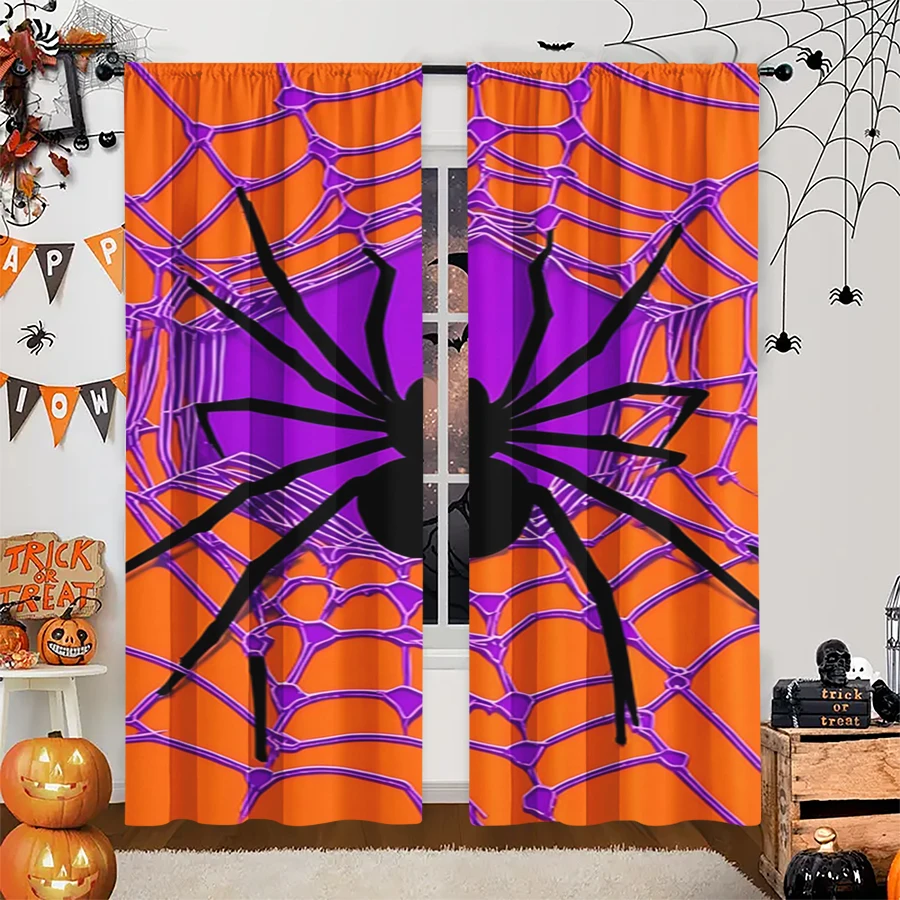 2PCS Digital Print Curtain, Purple Spider Web with Giant Spider, Orange Purple Halloween Style for Living Room Bedroom Decor