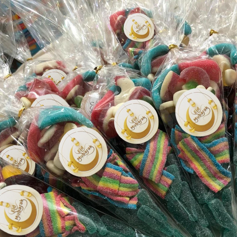 Ramo de dulces Eid Mubarak, paquete de dulces de goma surtido, golosinas para festivales musulmanes para Eid al-Fitr, suministros de regalo para fiestas, pegatinas para sobres