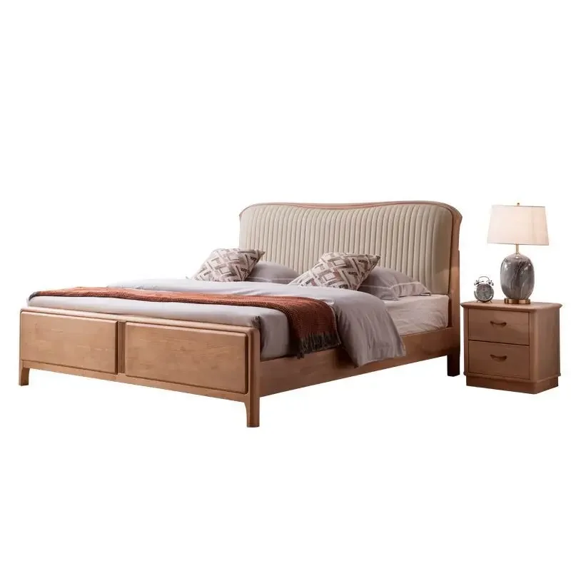 

Modern simple white oak solid wood bed storage with leather soft rest 1.8 meters master bedroom