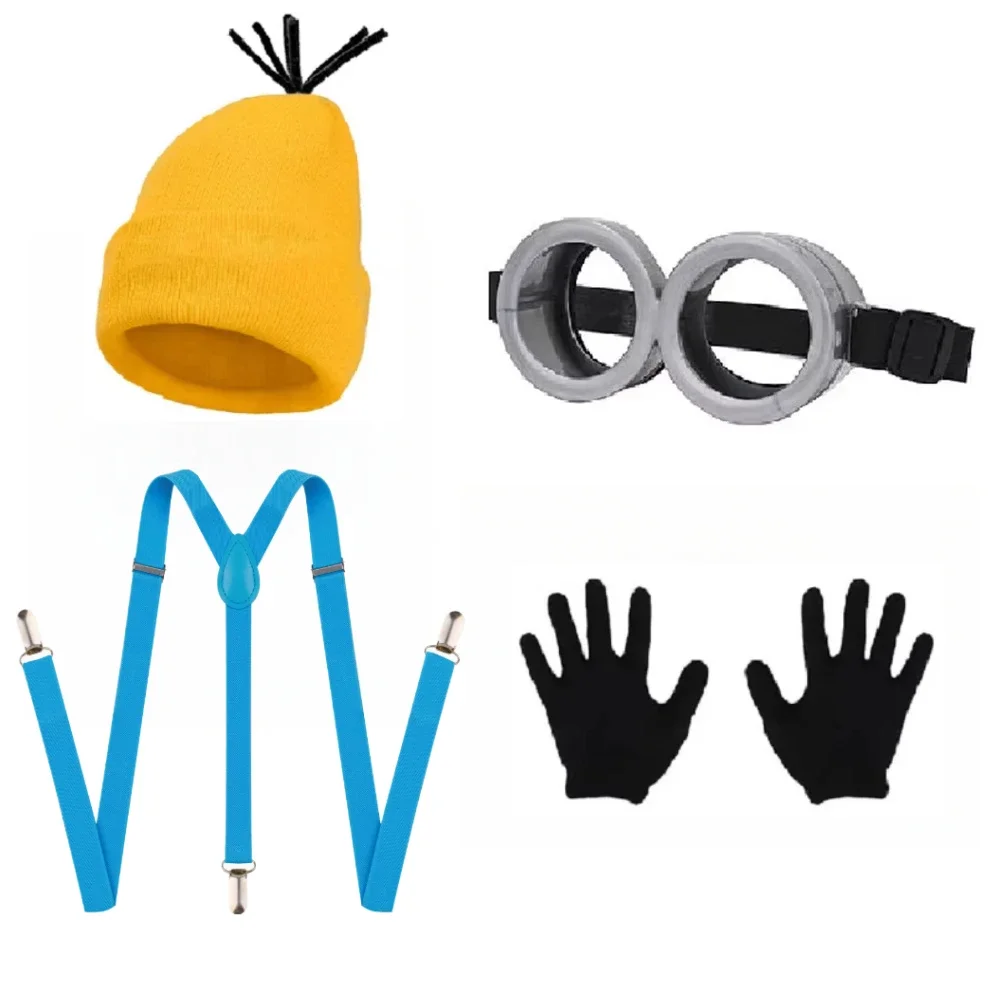 

Костюм для косплея на Хэллоуин, маленькая желтая вязаная шапка, перчатки, ремни, маскировочный реквизит, вечерние шоу, подарок для родителей и детей, новинка, очки для детей