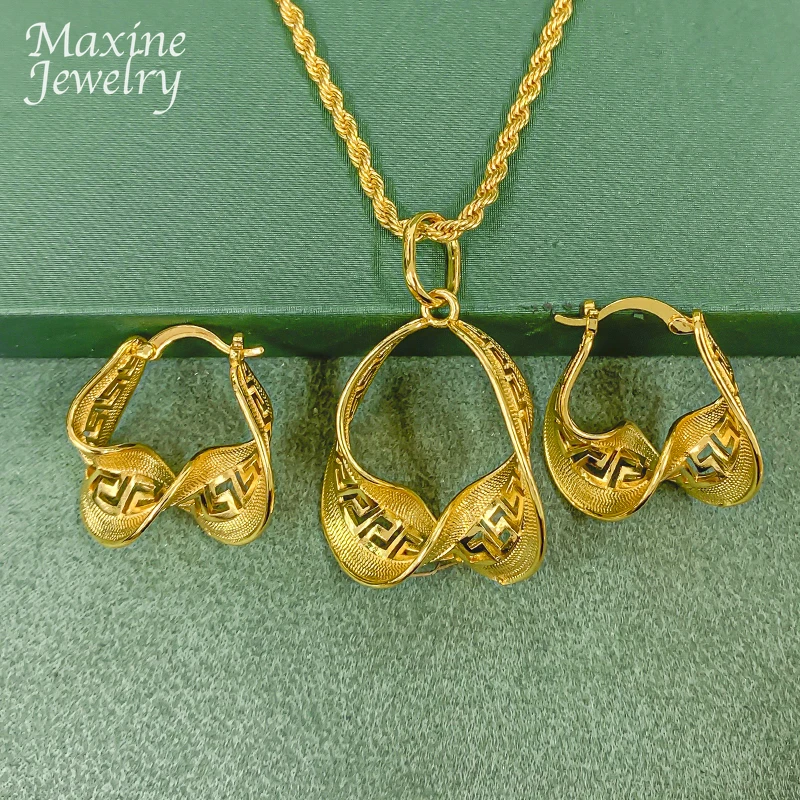 Spezielles Afrikanisches 18K Vergoldetes Kupfer-Schmuckset für Frauen Ohrringe Anhänger mit Kettenhalskette Braut Hochzeit Party Geschenke – Detail 8