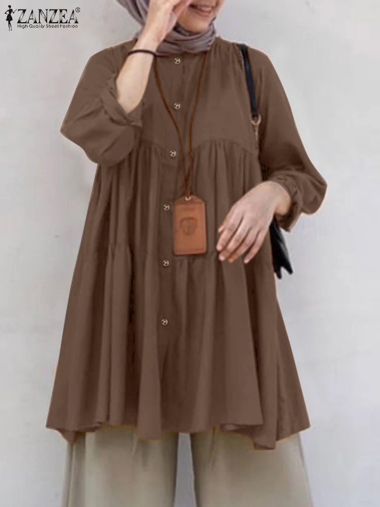 

ZANZEA Women Casual Long Sleeve Shirt Muslim Abaya Solid Tops Spring Vintage Ruffles Blusas Islamic Clothing Dubai Turkey Blouse
