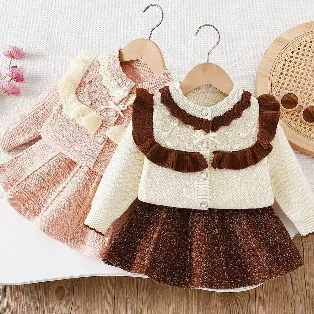 

Children's Knitted Sweater Set Autumn And Winter Arrival Gold-threaded Petal-patterned op Knit Dress Chic Ruffled Collar Sweater