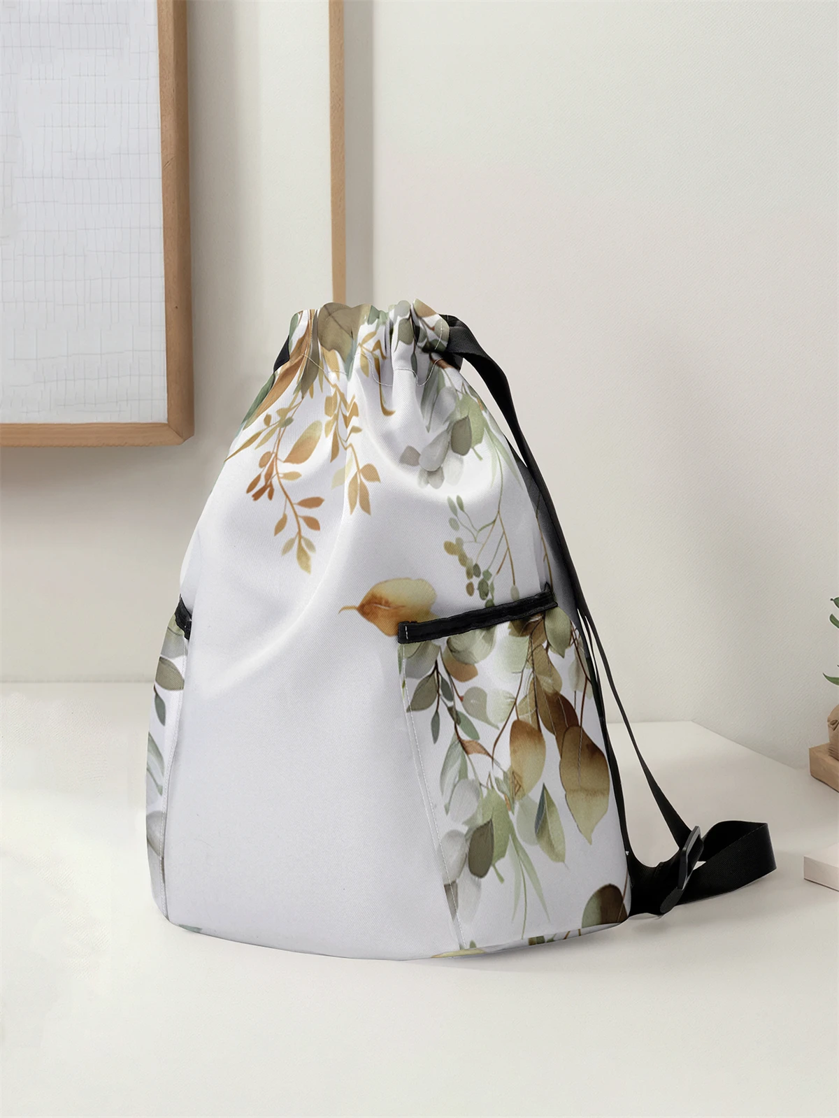 Mochila com cordão padrão de folha – Bolsa de fitness durável de grande capacidade, alças ajustáveis, mochila esportiva de praia