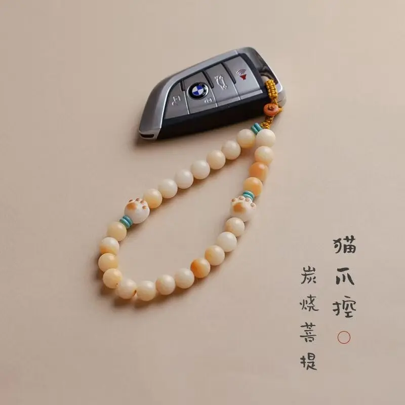 Handwoven Bodhi Root Bead Keychain Wrist Lanyard Anti Lost Cute Charcoal Cat Claw Pendant for Women Gifts