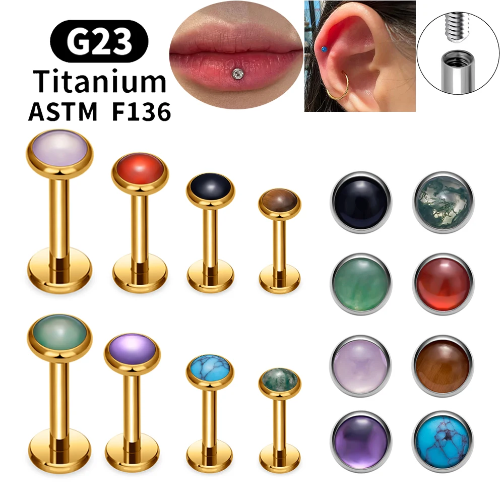 1/10PCS ASTM F136 Titanium Circular Labret Lip Stud Earring with Natural Stone Ear Tongue Nose Cartilage Tragus Piercing Jewelry