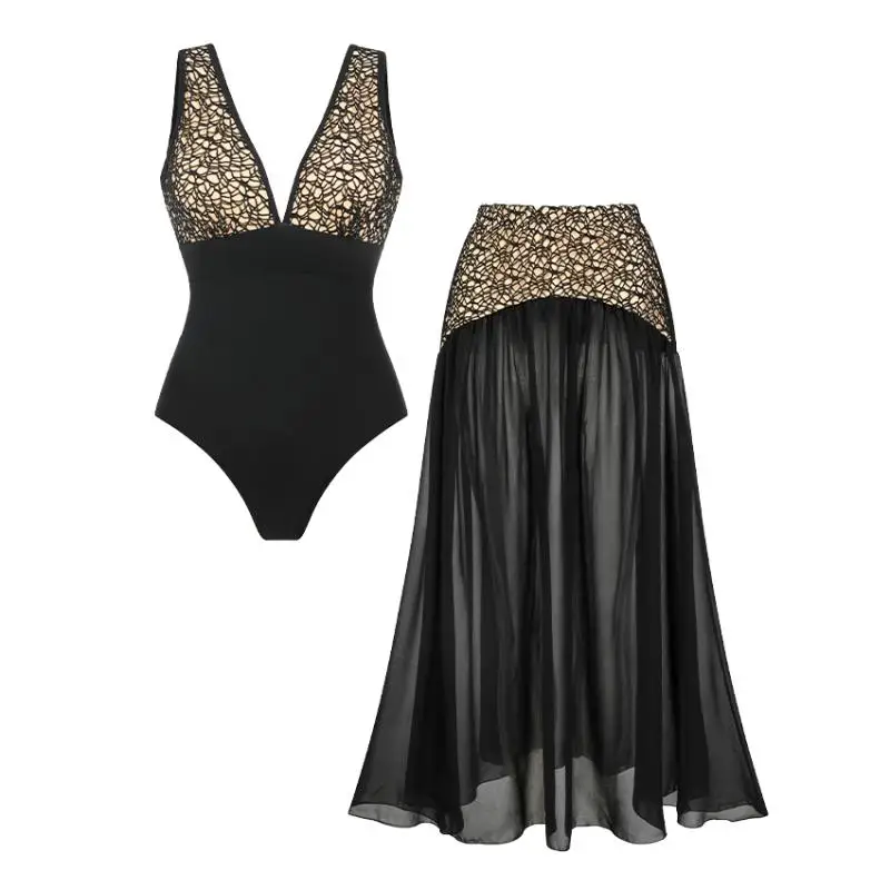 

Flaxmaker Elegant Swimsuit Set(s) Summer Women V Neck Lace Cutout Black Color Swimwear And Skirt Femme Biquini conjunto de