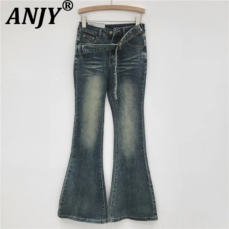 

ANJY Autumn New Women American Chic Ins Asymmetrical Waistband Flared Jeans High Waist Hip Lift Slimming Tide Denim Pants A11007