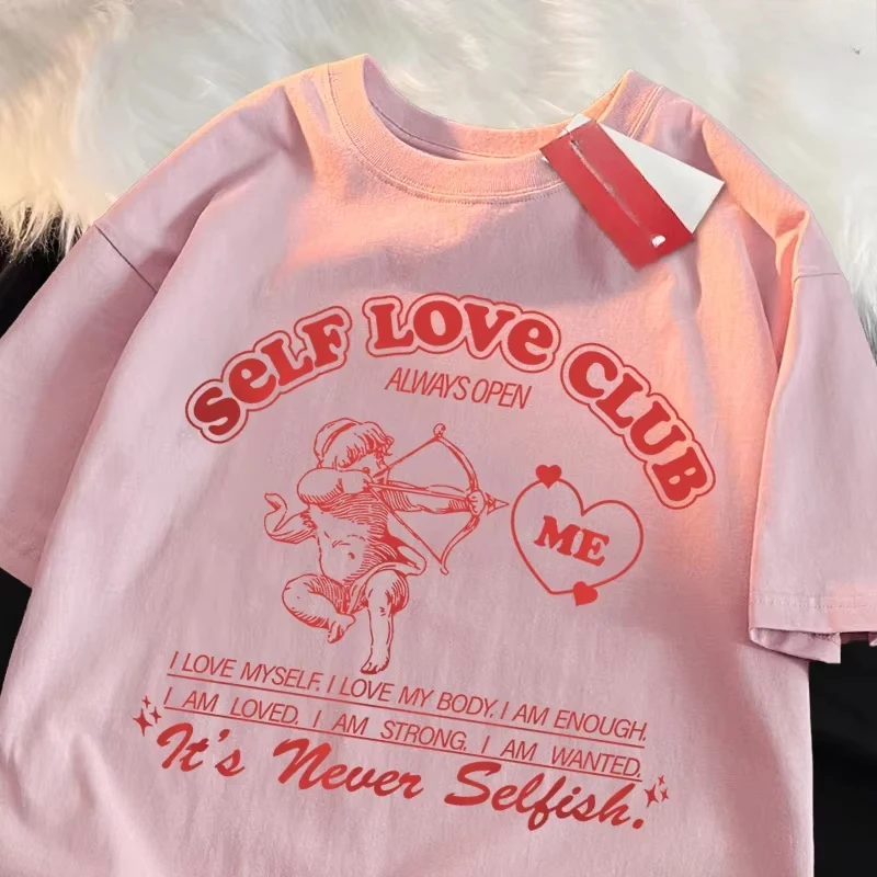 Self Love Club Fun Cupid Men Women T Shirts Breathable Street Clothes Summer Fashion Loose Casual Popular Tee Shirt